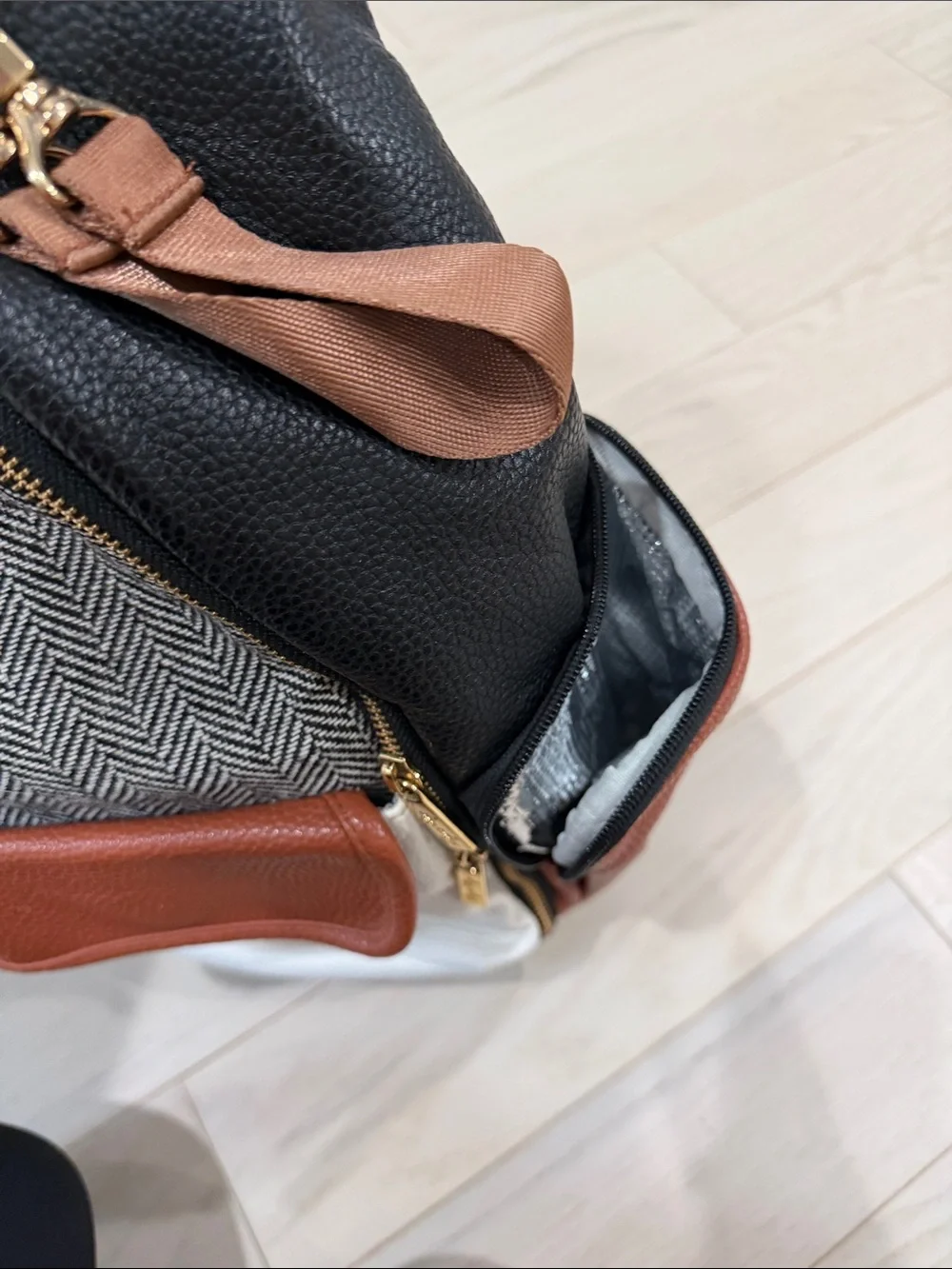 Itzy Ritzy Black, White & Brown Herringbone Diaper Backpack